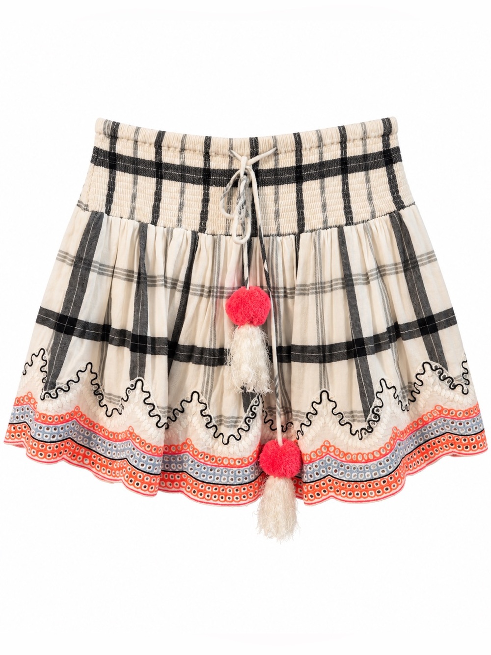 Hemant & Nandita Plaid cream black Embroidered Tassel Mini Skirt Medium